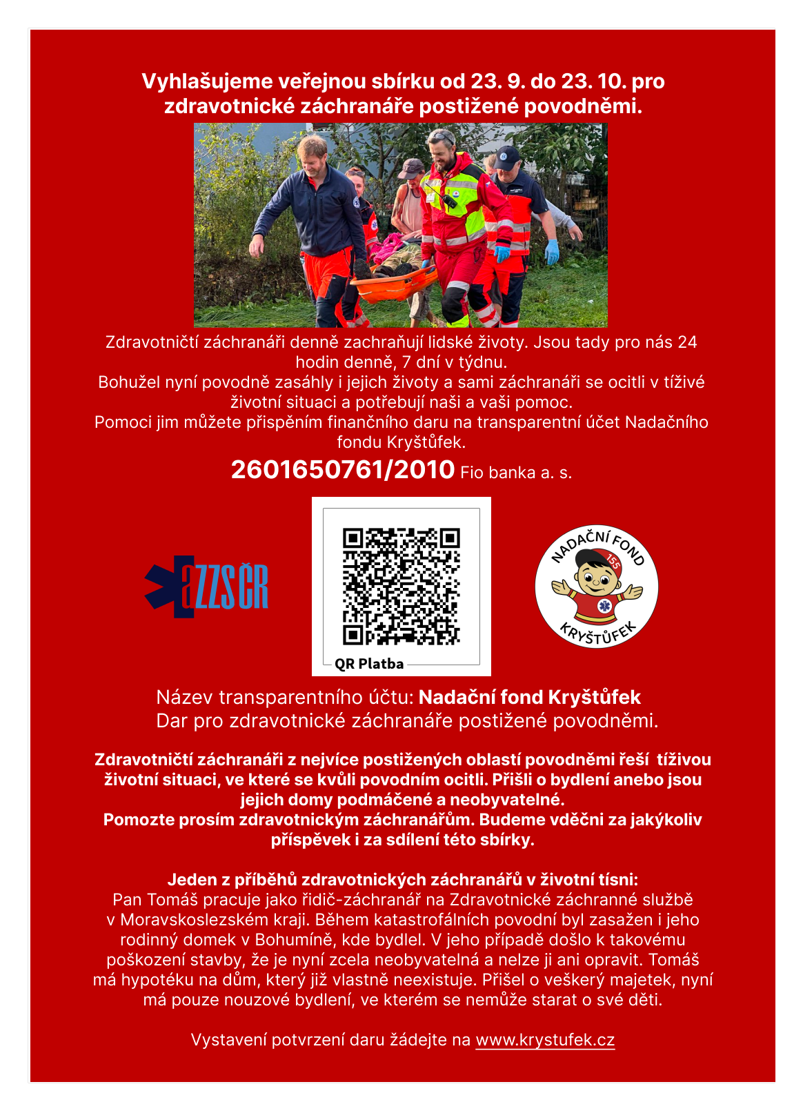 AZZS ČR a NF Kryštůfek vyhlašují veřejnou sbírku pro záchranáře postižené povodněmi